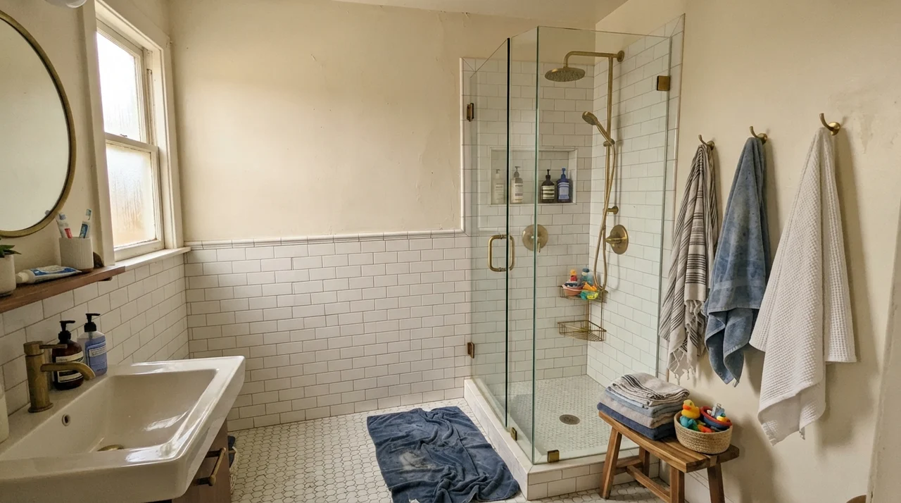 Family bathroom with upper walls painted creamy off-white above white subway tile wainscot and brass fixtures.