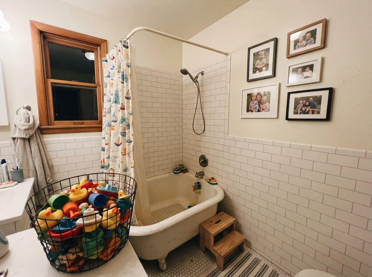 Kids bathroom with subway tile, bath toys, and warm evening lighting on Swiss Coffee walls.