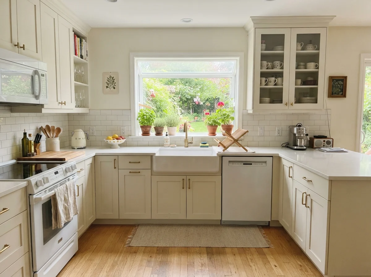 Kitchen shaker cabinets painted Swiss Coffee with subway tile and oak flooring.