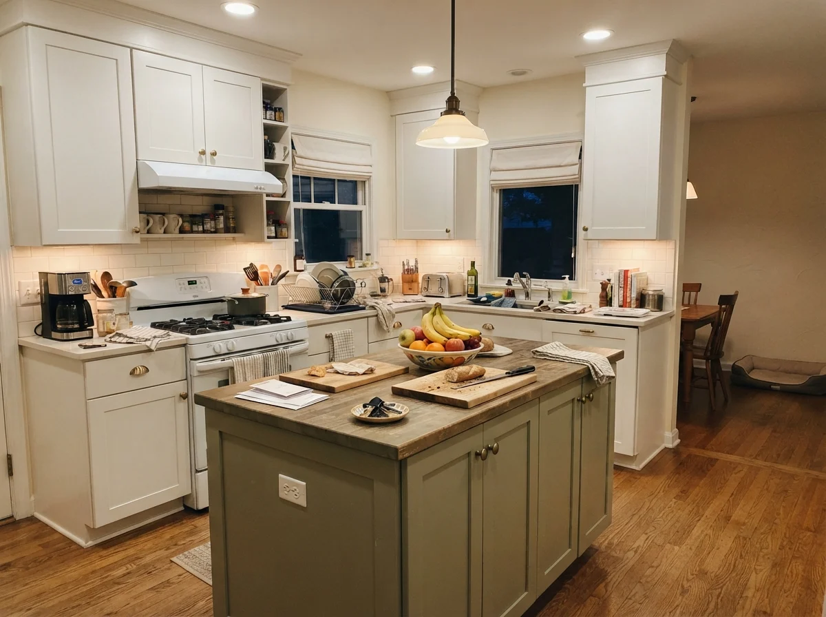 Kitchen island painted Swiss Coffee with under-cabinet lights on and everyday kitchen items.