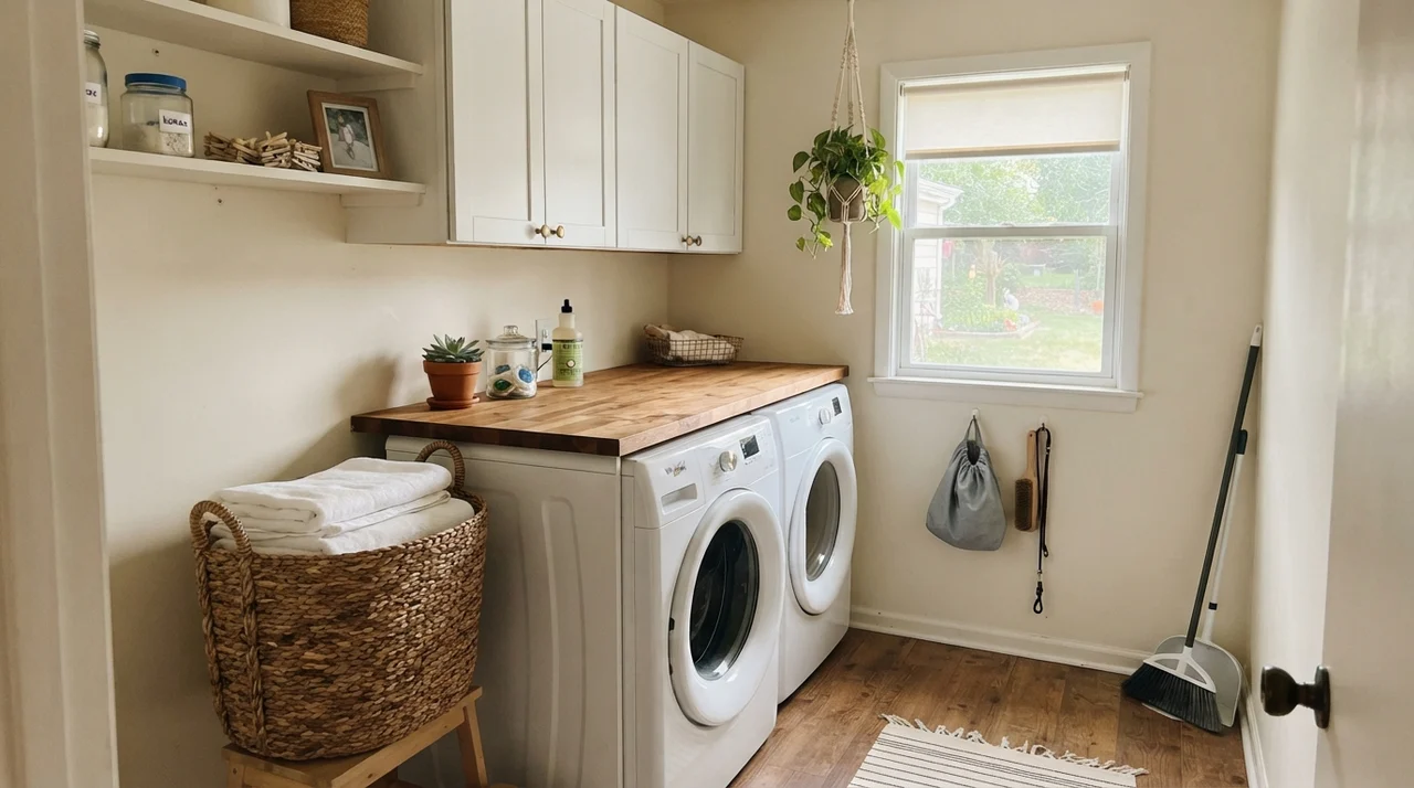 Laundry room with white washer and dryer, butcher block counter, and Swiss Coffee walls.