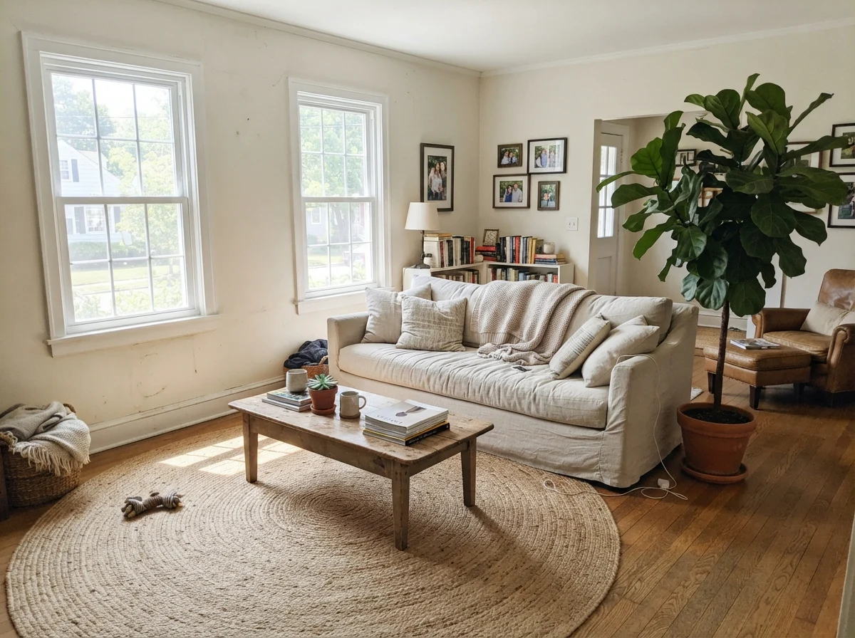 Bright living room with linen sofa, jute rug, and wood coffee table under midday sun.