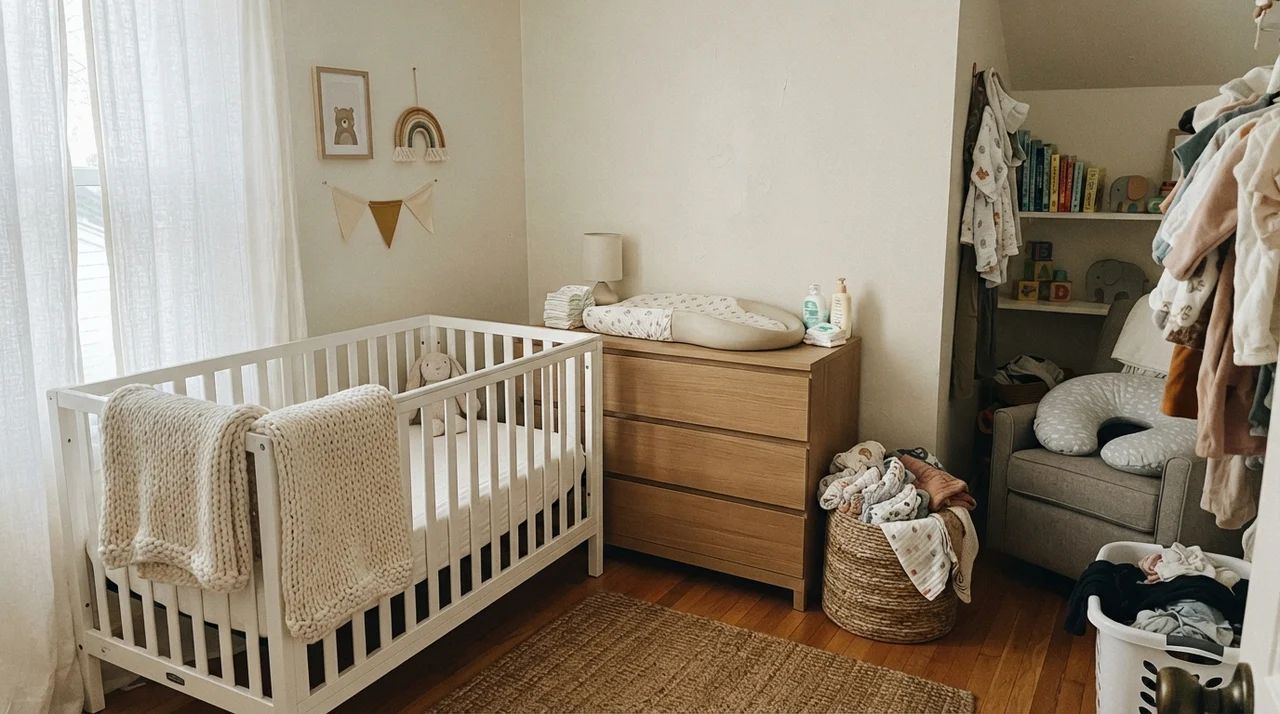 Nursery with white crib and wooden dresser with Swiss Coffee wall background.