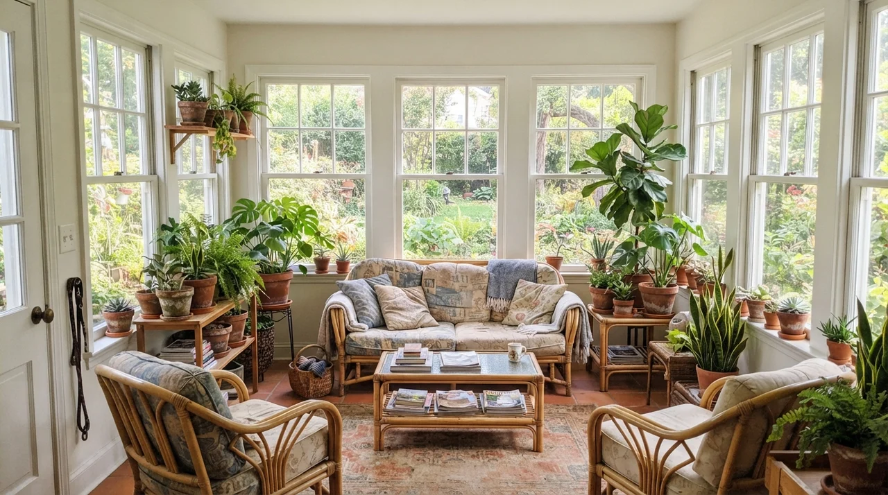 Sunroom filled with plants and rattan furniture with Swiss Coffee walls between window frames.