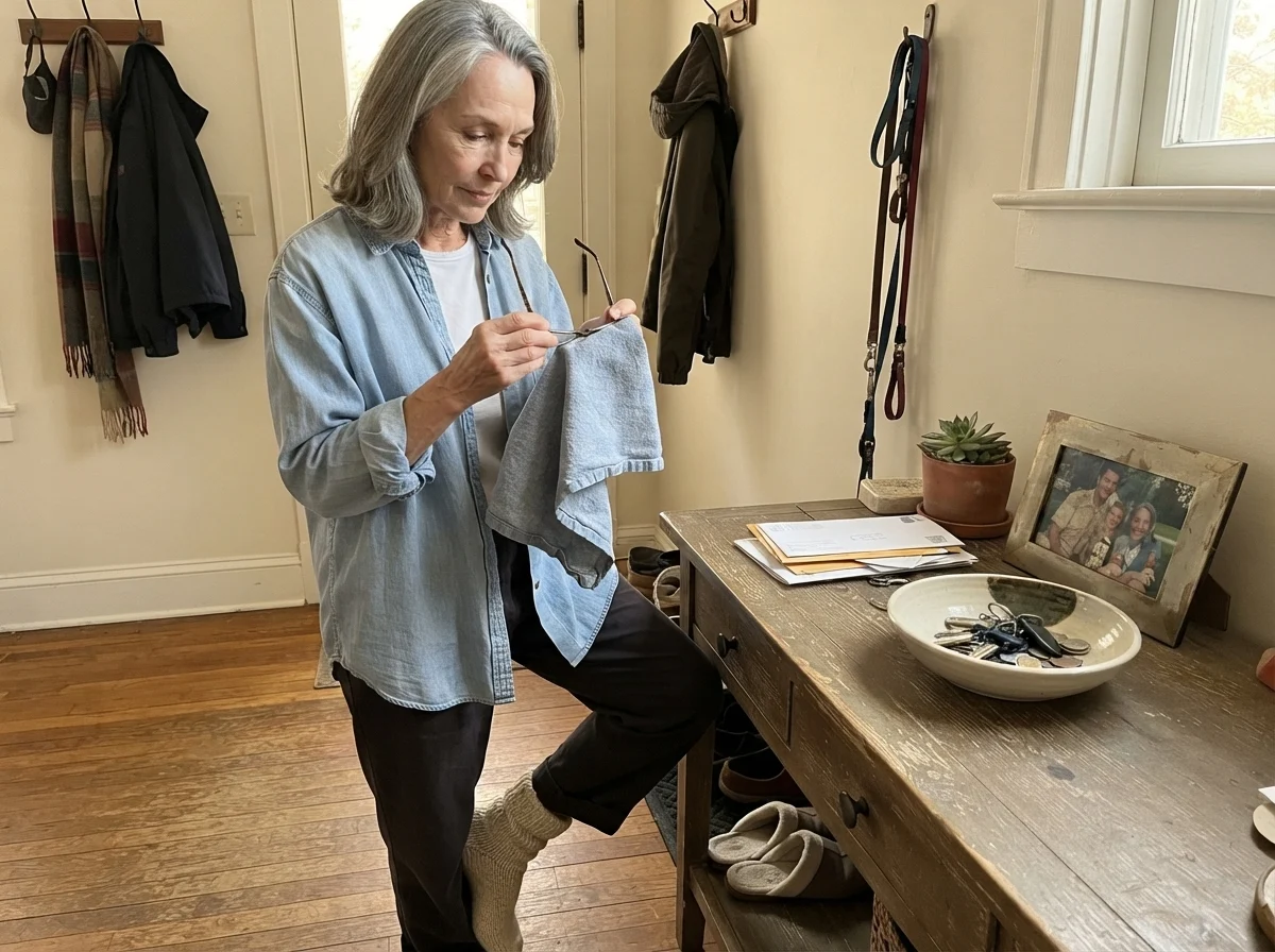 Susan Hartley pauses in her warm foyer beside a console table, wiping her reading glasses.
