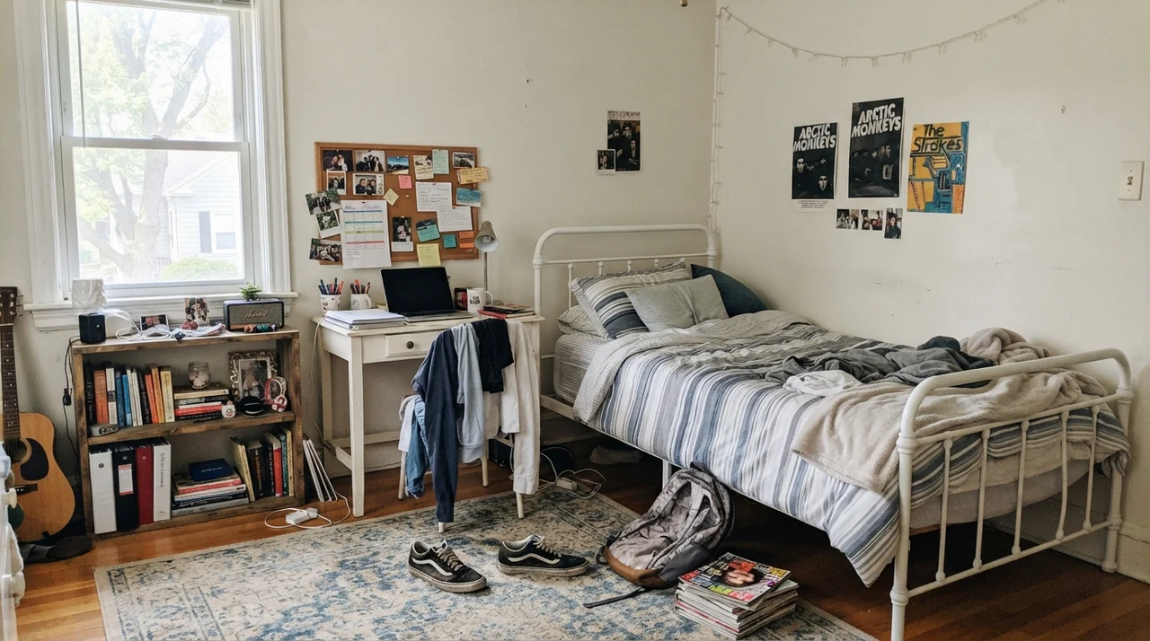 Teenager bedroom with white desk and metal bed against creamy Swiss Coffee walls.