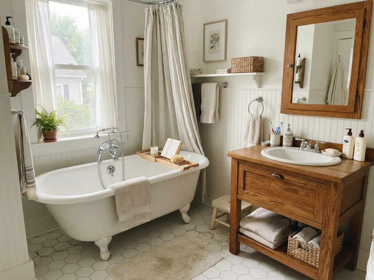 Cottage bathroom with White Dove walls, oak vanity, and clawfoot tub
