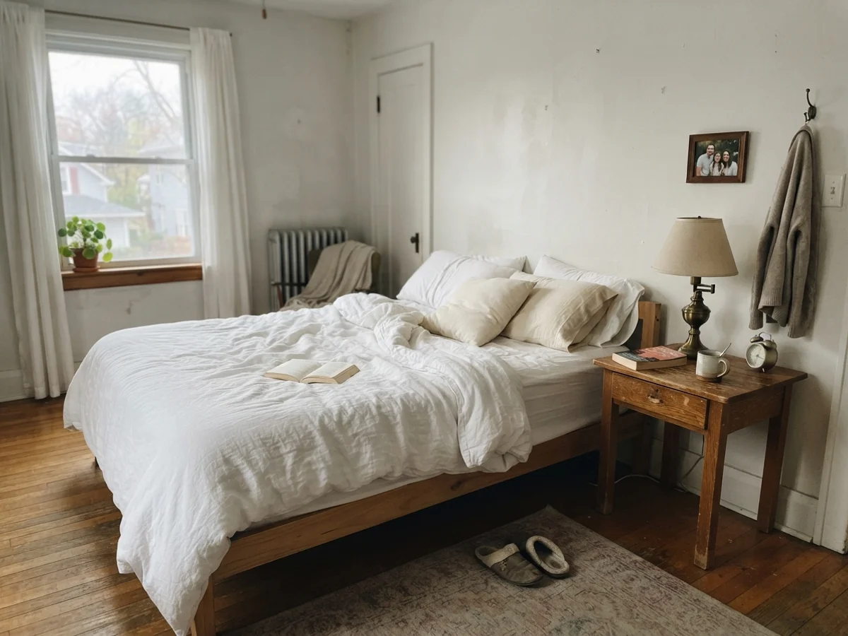 Bedroom with unmade bed and pale White Dove walls in cool morning light