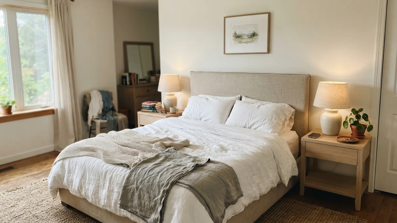 Serene master bedroom painted in White Dove with natural linen bedding