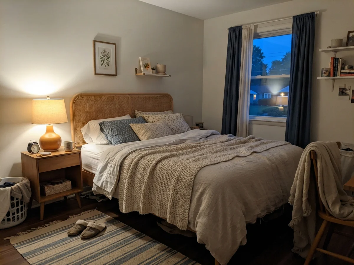 Bedroom with warm lamp lighting casting a cozy glow on White Dove walls