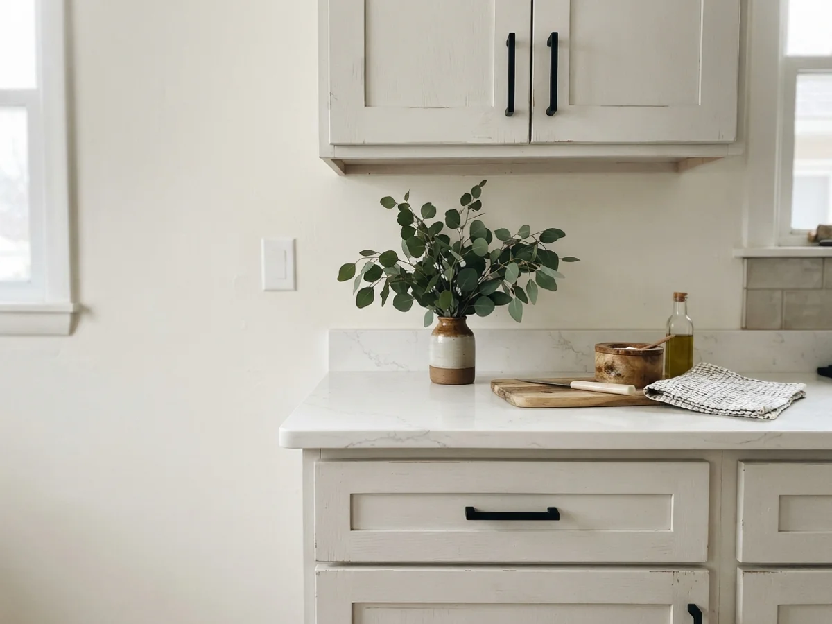 Detail view of White Dove cabinet doors with black hardware