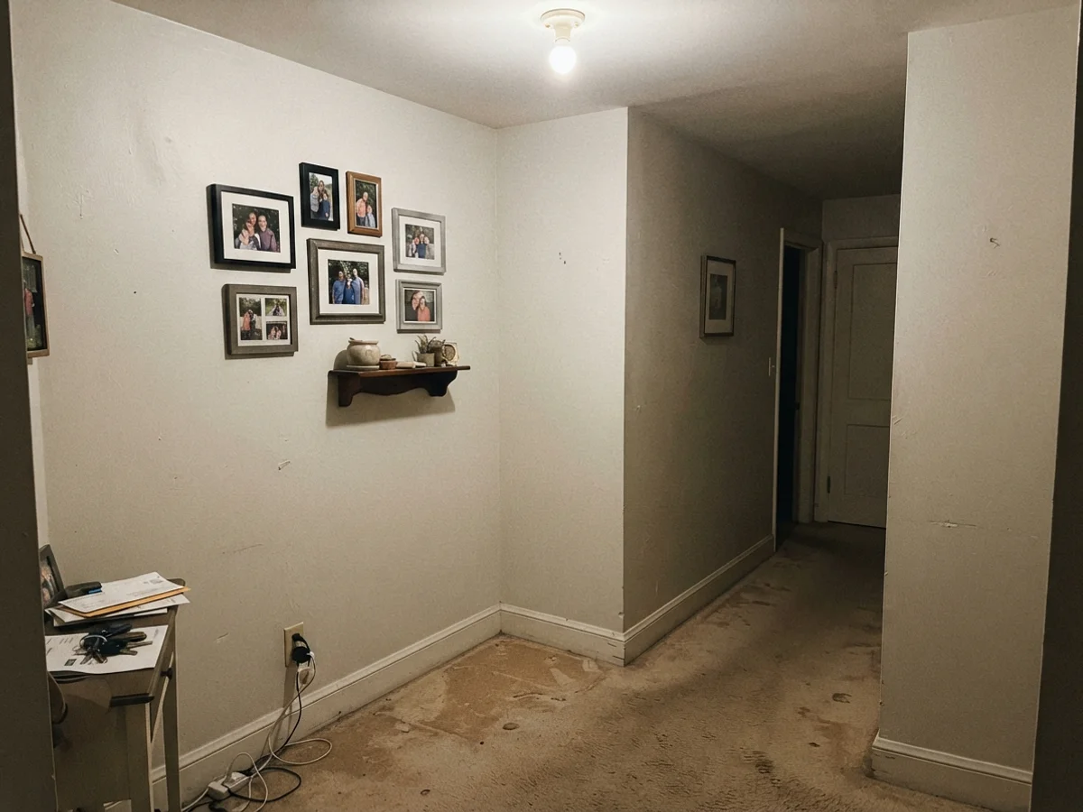 Unflattering view of White Dove appearing dull and putty-colored in a dim windowless hallway