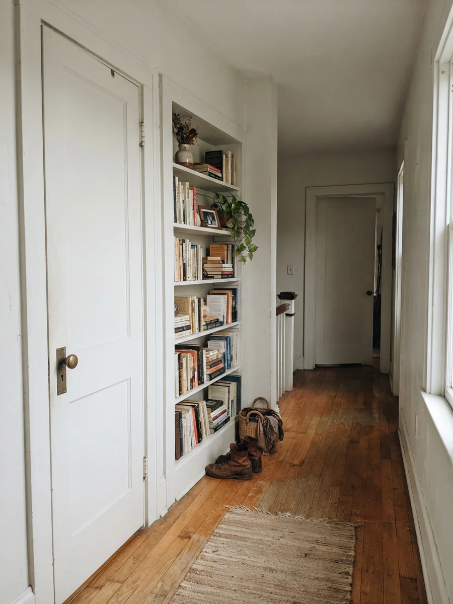 Built-in shelving and classic two-panel door painted in White Dove