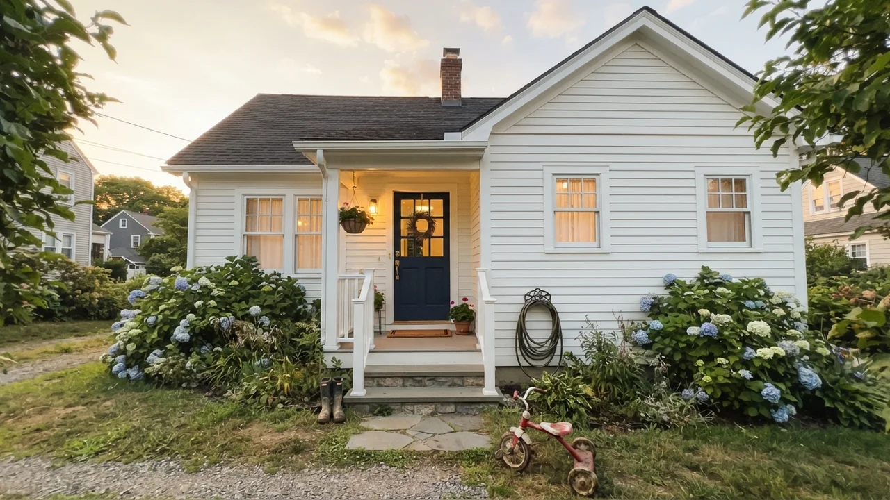 Exterior of house with White Dove siding, navy front door, and green hydrangeas