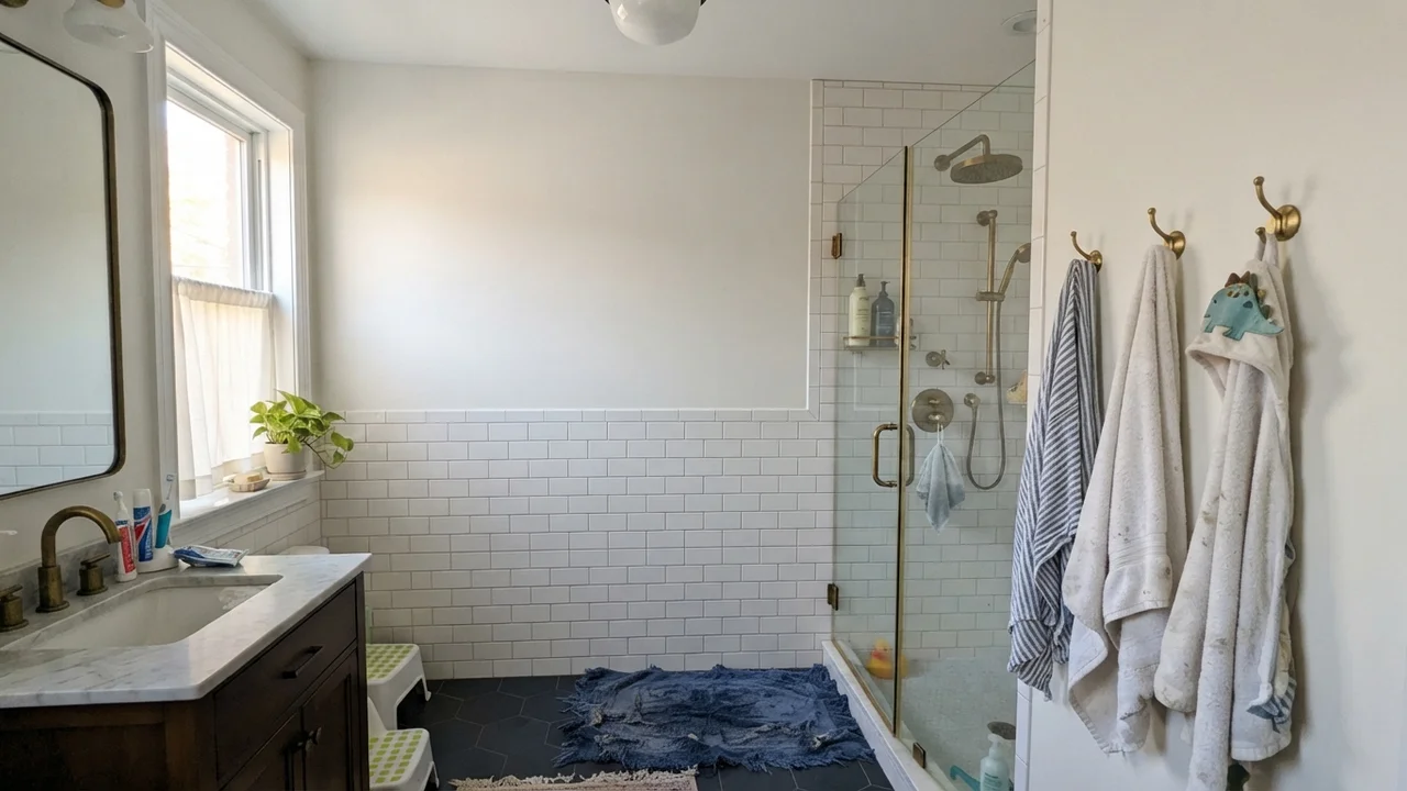 Family bathroom with White Dove walls above white subway tile and brass fixtures