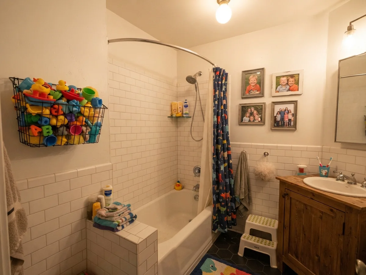 Family bathroom with White Dove walls and kids bath accessories