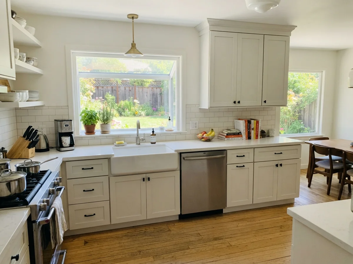 Kitchen with White Dove painted shaker cabinets and oak flooring