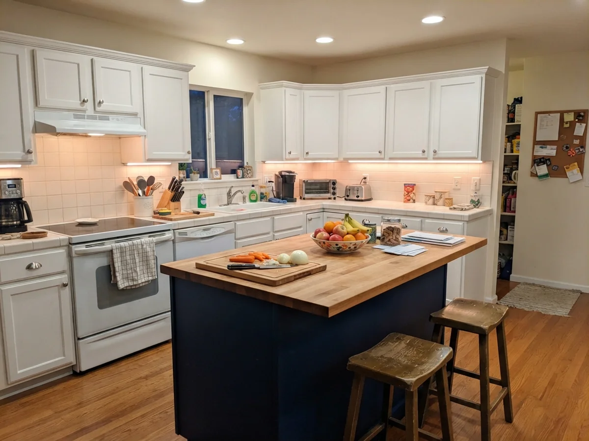 Kitchen island painted in White Dove surrounded by family kitchen clutter
