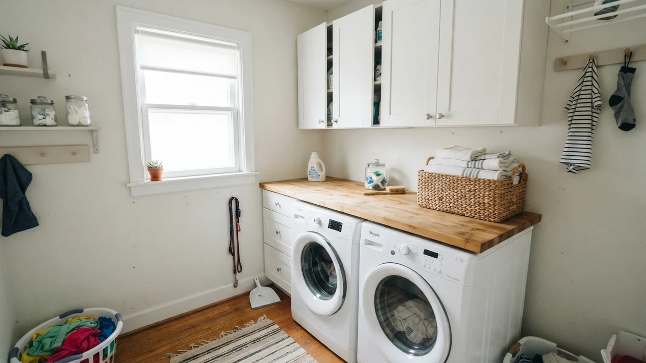 Laundry room with White Dove walls, butcher block countertop, and laundry basket