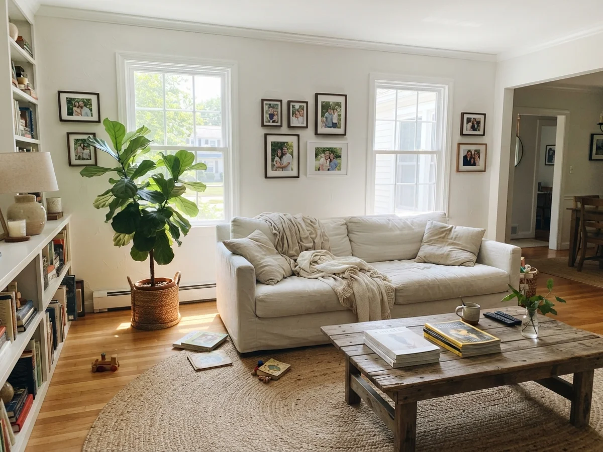 Sunny living room with White Dove painted walls and natural textures