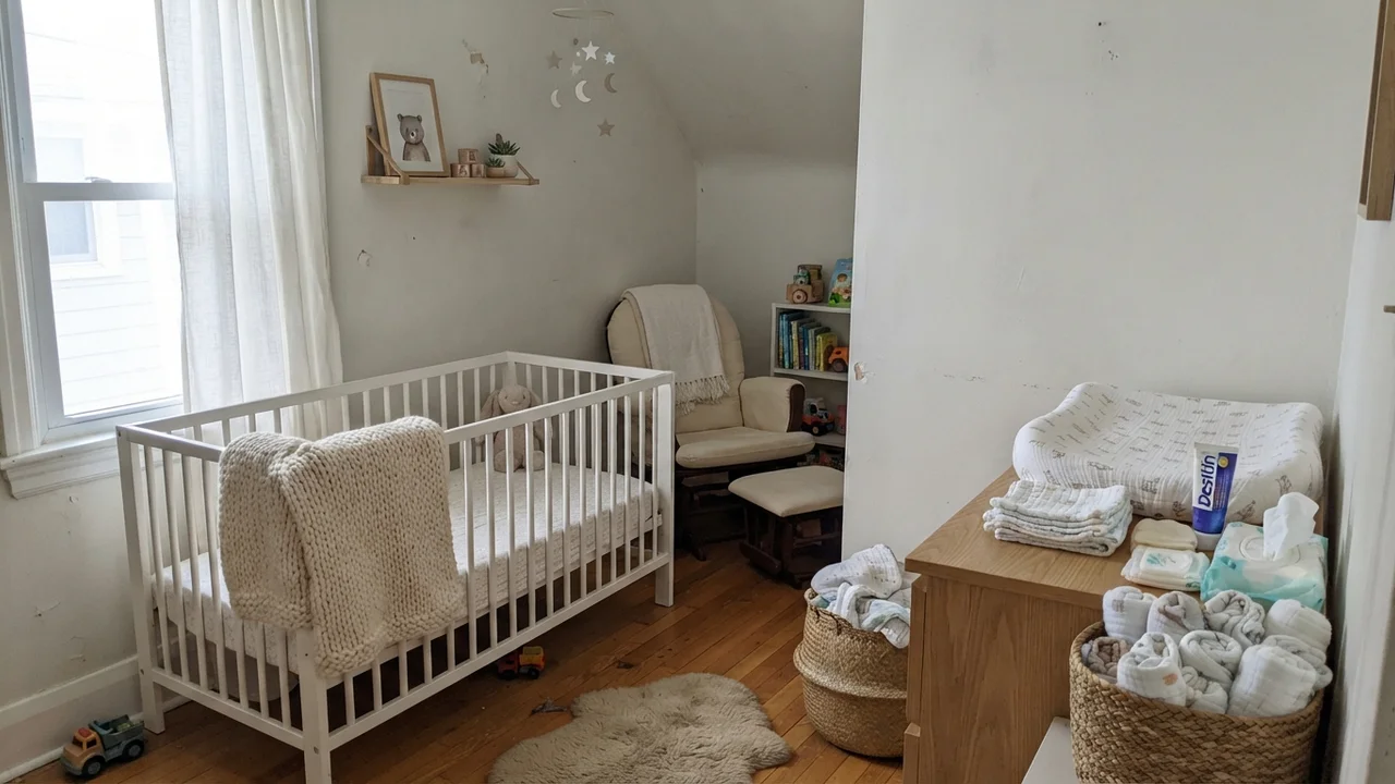 Nursery painted in White Dove with wooden furniture and sheer daylight