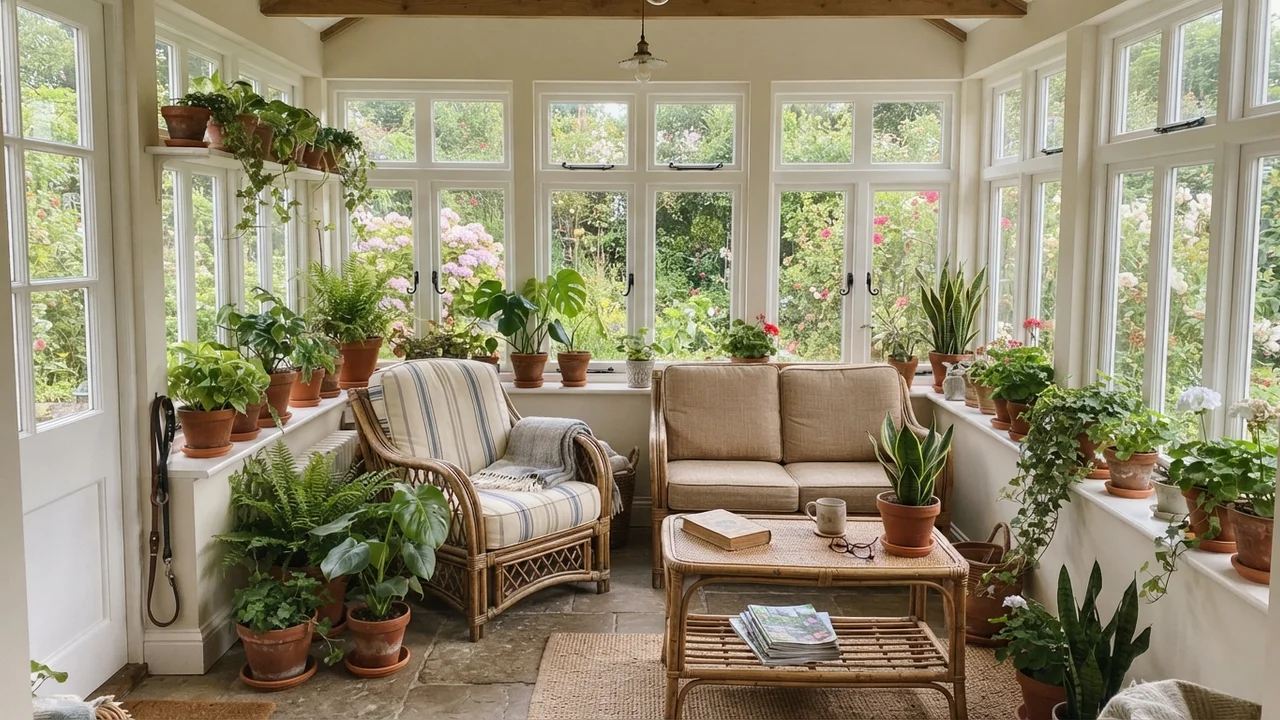 Sunroom with White Dove walls and rattan seating surrounded by windows