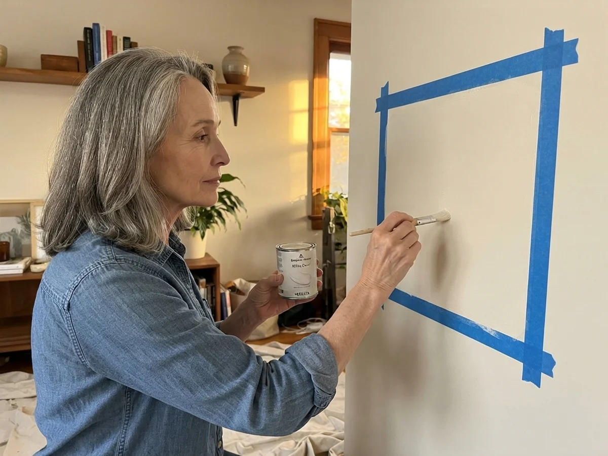 Susan Hartley brushing a White Dove paint sample onto her wall