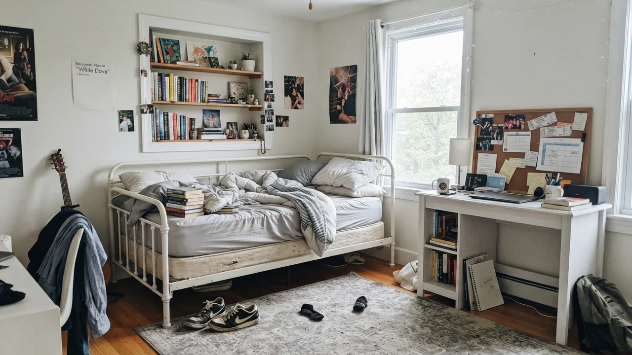 Teenager room with White Dove walls, white metal bed, and desk