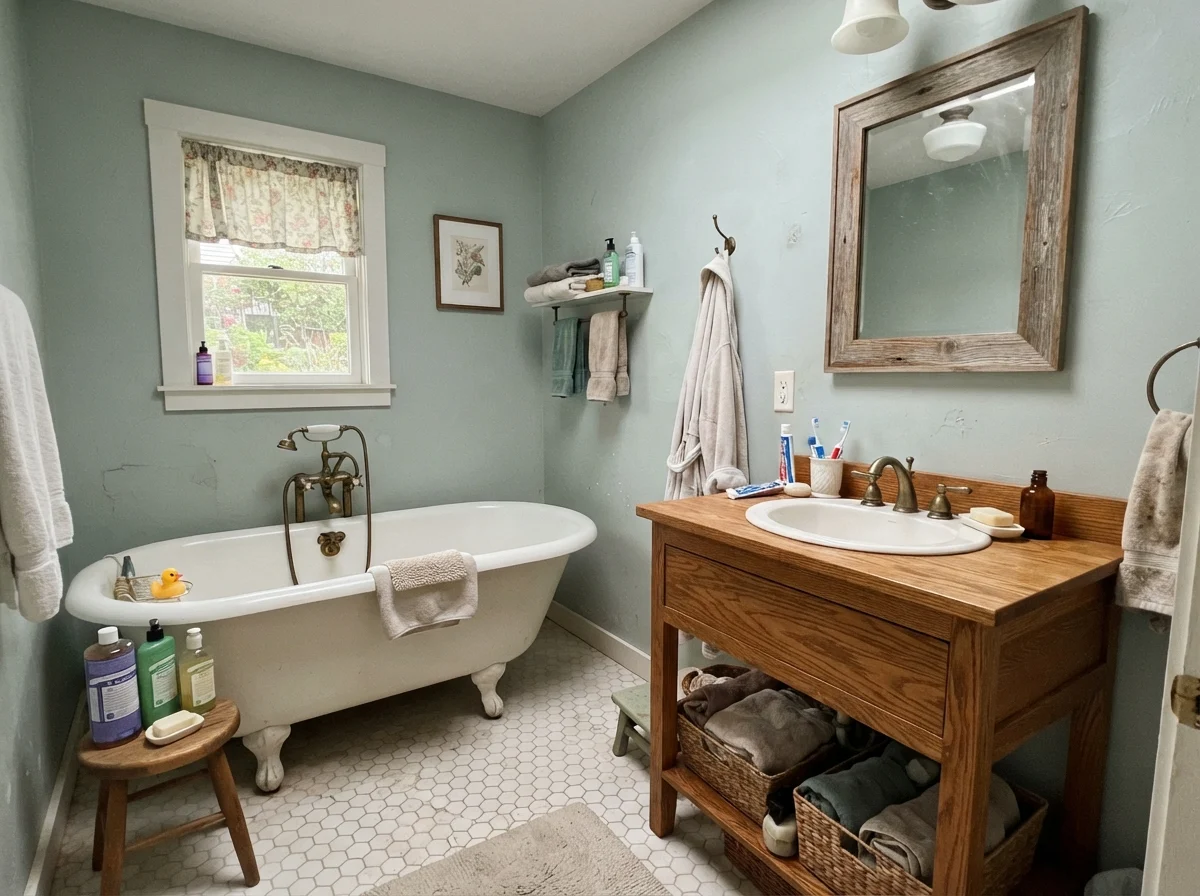 Cottage bathroom featuring a clawfoot tub, white hex tiles, oak vanity, and Woodlawn Blue walls.