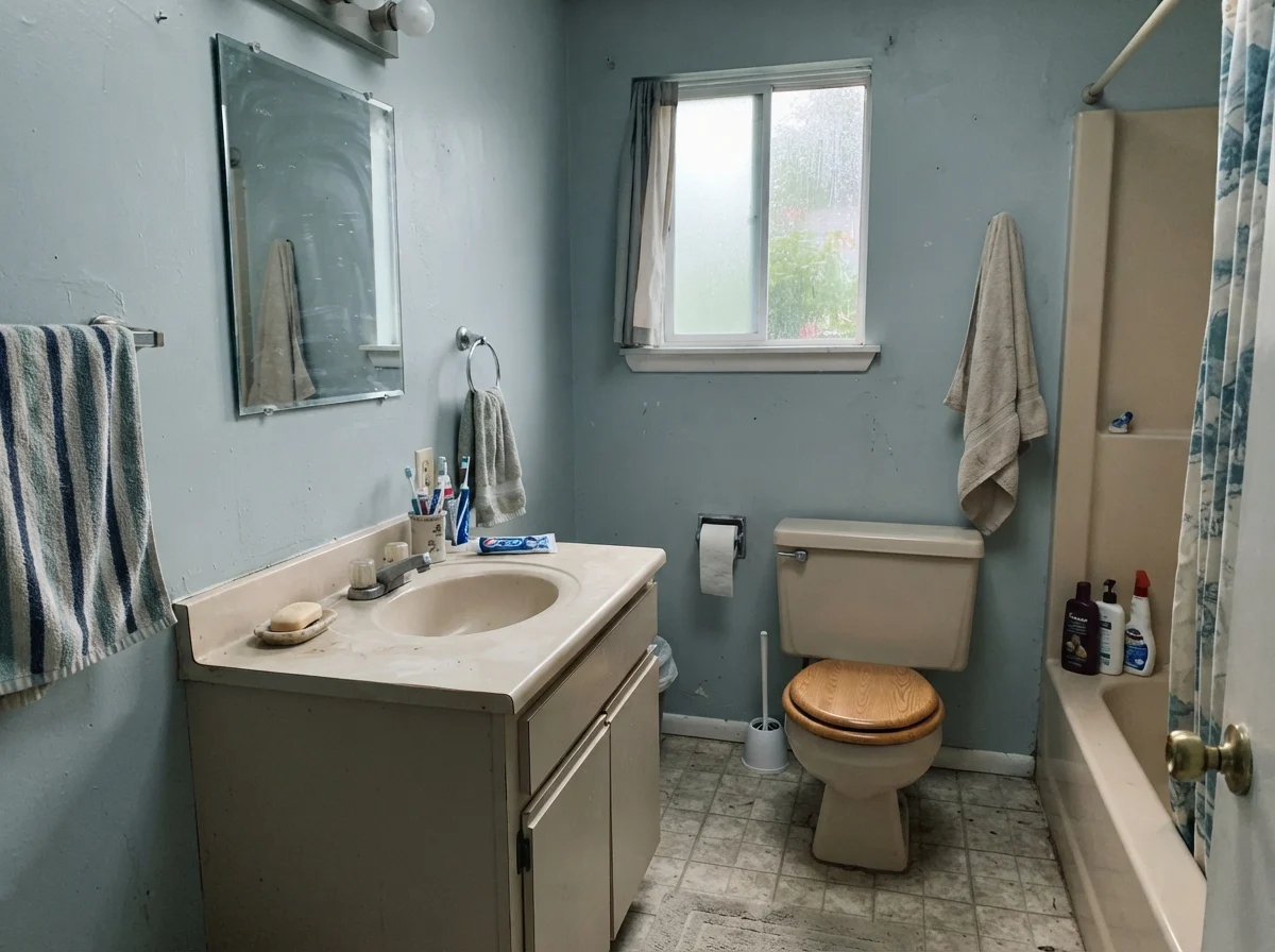 Dated bathroom with an older beige vanity under rainy north daylight on Woodlawn Blue walls.