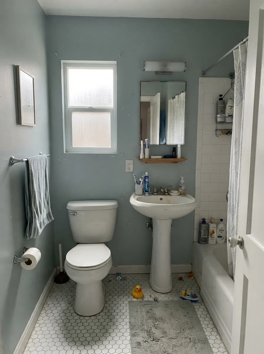 Small bathroom on a cloudy day showing Woodlawn Blue shifting toward a quiet gray tone.
