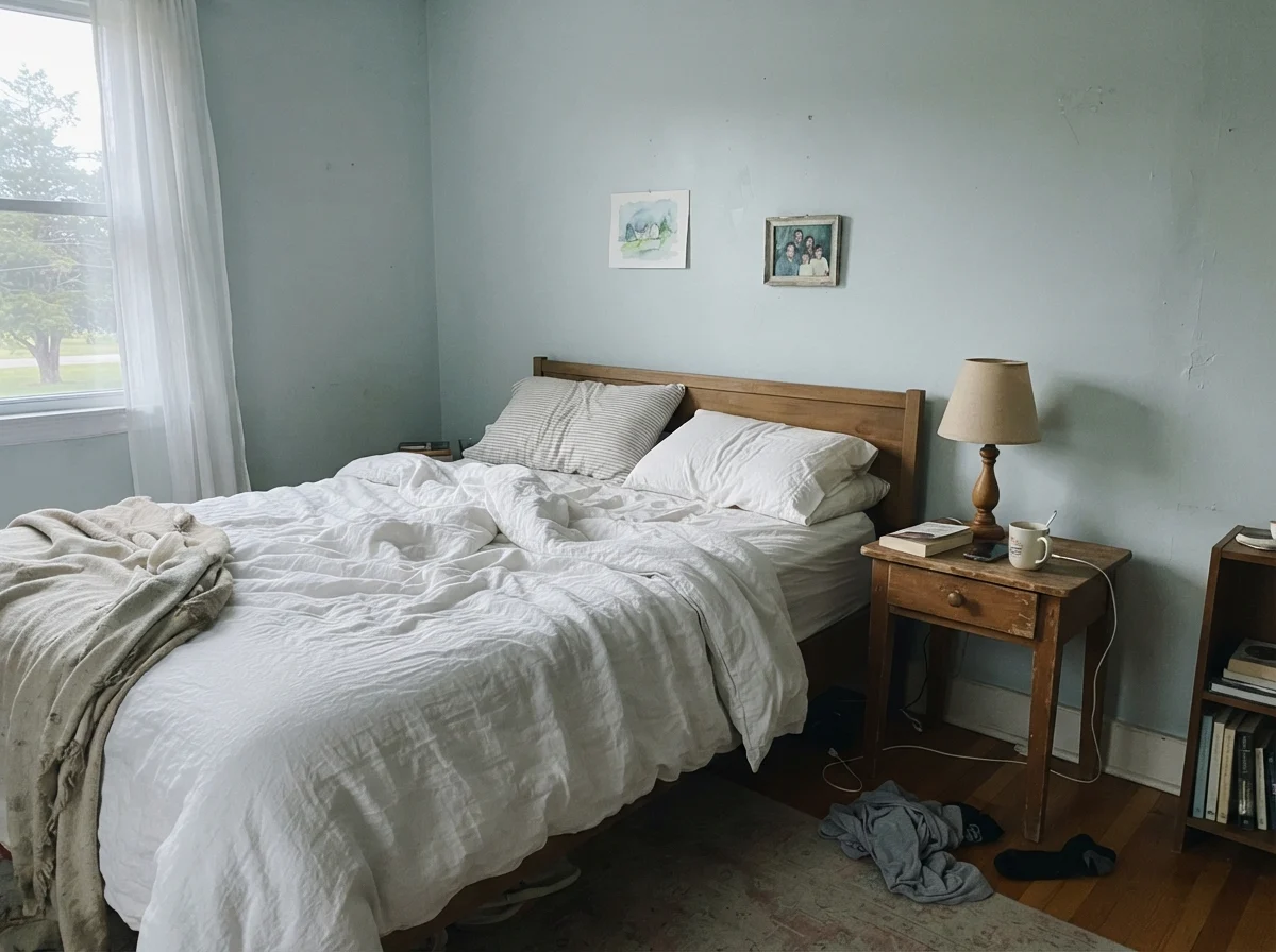 Bedroom with Woodlawn Blue walls in cool morning light with white bedding and wood nightstand.