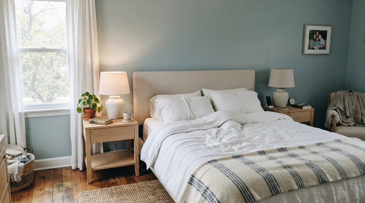 Serene bedroom with Woodlawn Blue walls, white linens, and pale oak furniture.