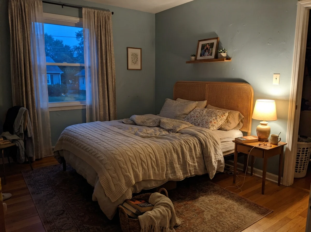 Bedroom at dusk with a warm glowing lamp against Woodlawn Blue walls.
