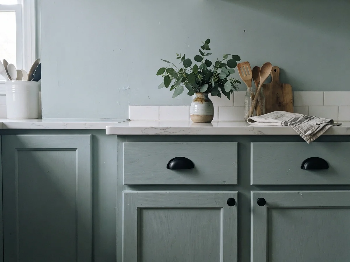 Close-up of Woodlawn Blue painted cabinets paired with matte black hardware and white quartz.