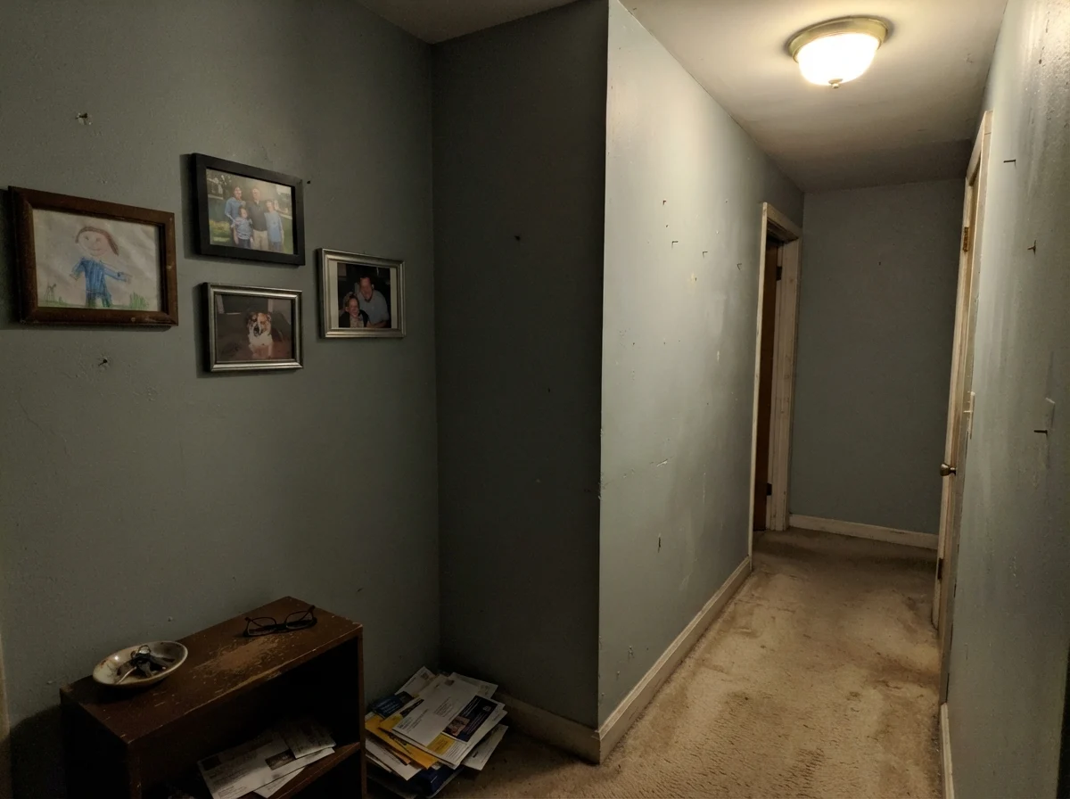 Unflattering windowless hallway corner showing Woodlawn Blue looking muddy and gray over beige carpet.