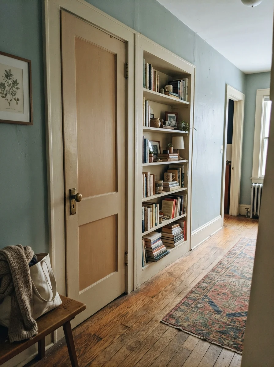 Two-panel interior door and built-in bookshelf painted Woodlawn Blue against cream walls.