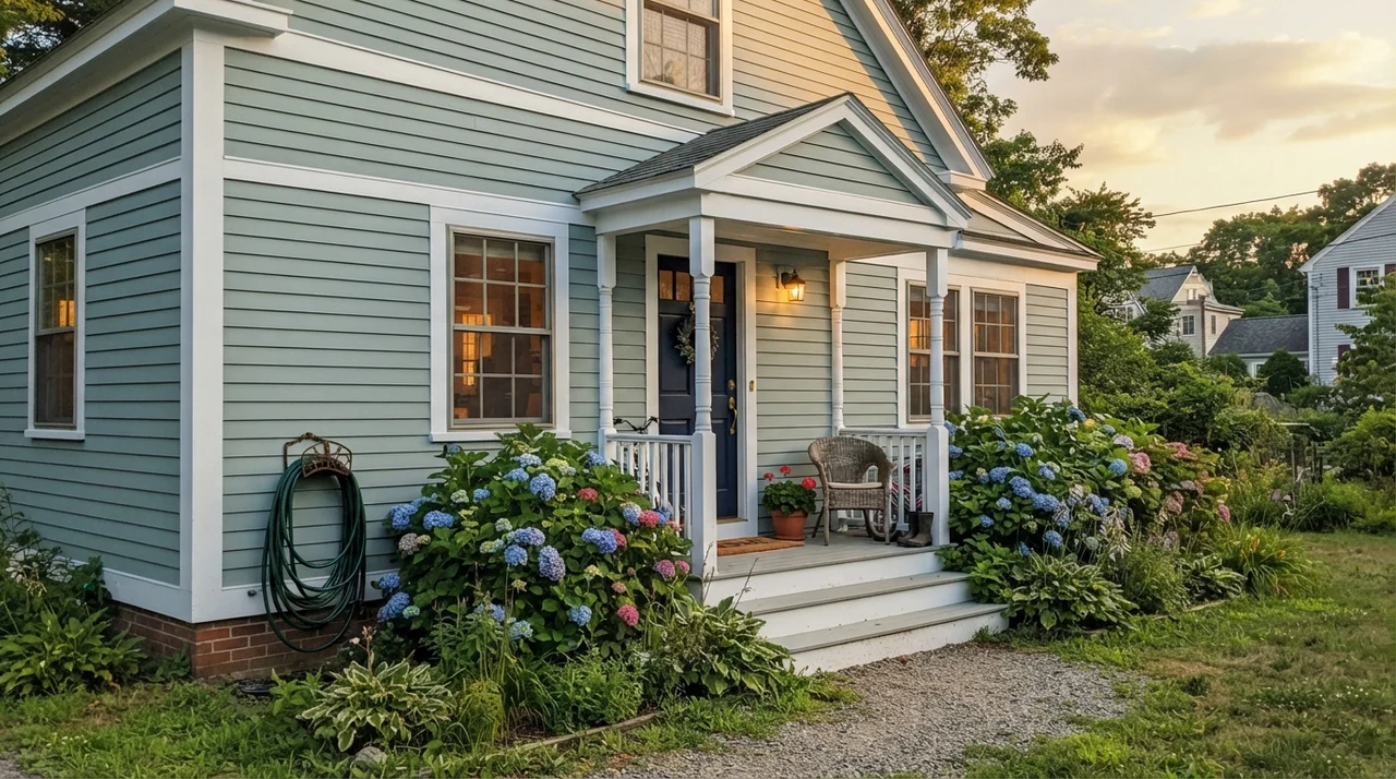 Exterior house siding painted Woodlawn Blue with white trim and dark navy front door in evening light.