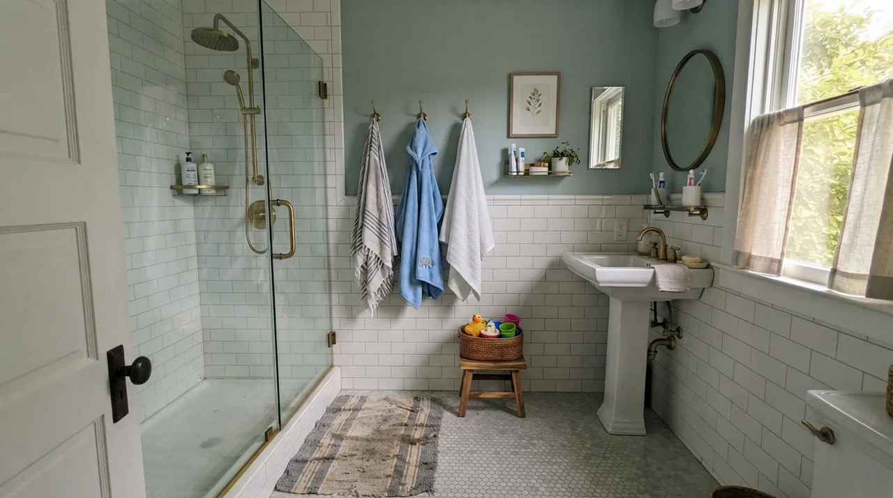 Family bathroom with Woodlawn Blue painted walls above white subway tile wainscoting and brass fixtures.