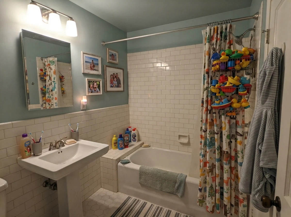 Kids bathroom with Woodlawn Blue walls, subway tile, and colorful bath toys.