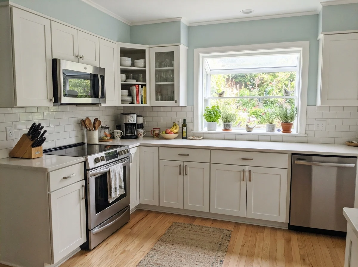 Kitchen shaker cabinets painted Woodlawn Blue with white counters and oak flooring.