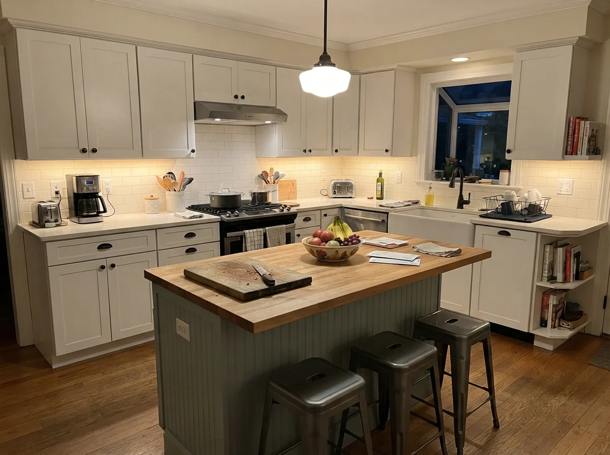 Family kitchen with Woodlawn Blue island surrounded by white cabinets and cream walls.