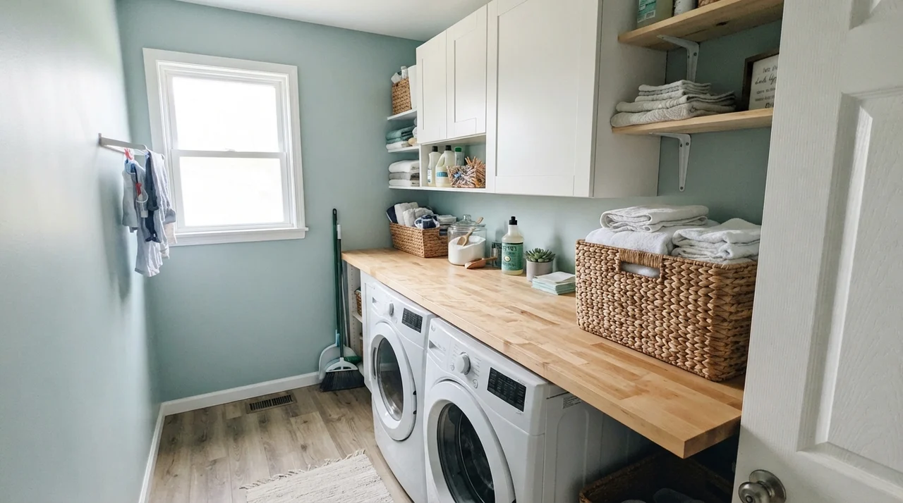 Bright laundry room with Woodlawn Blue walls, white cabinets, and butcher-block counter.