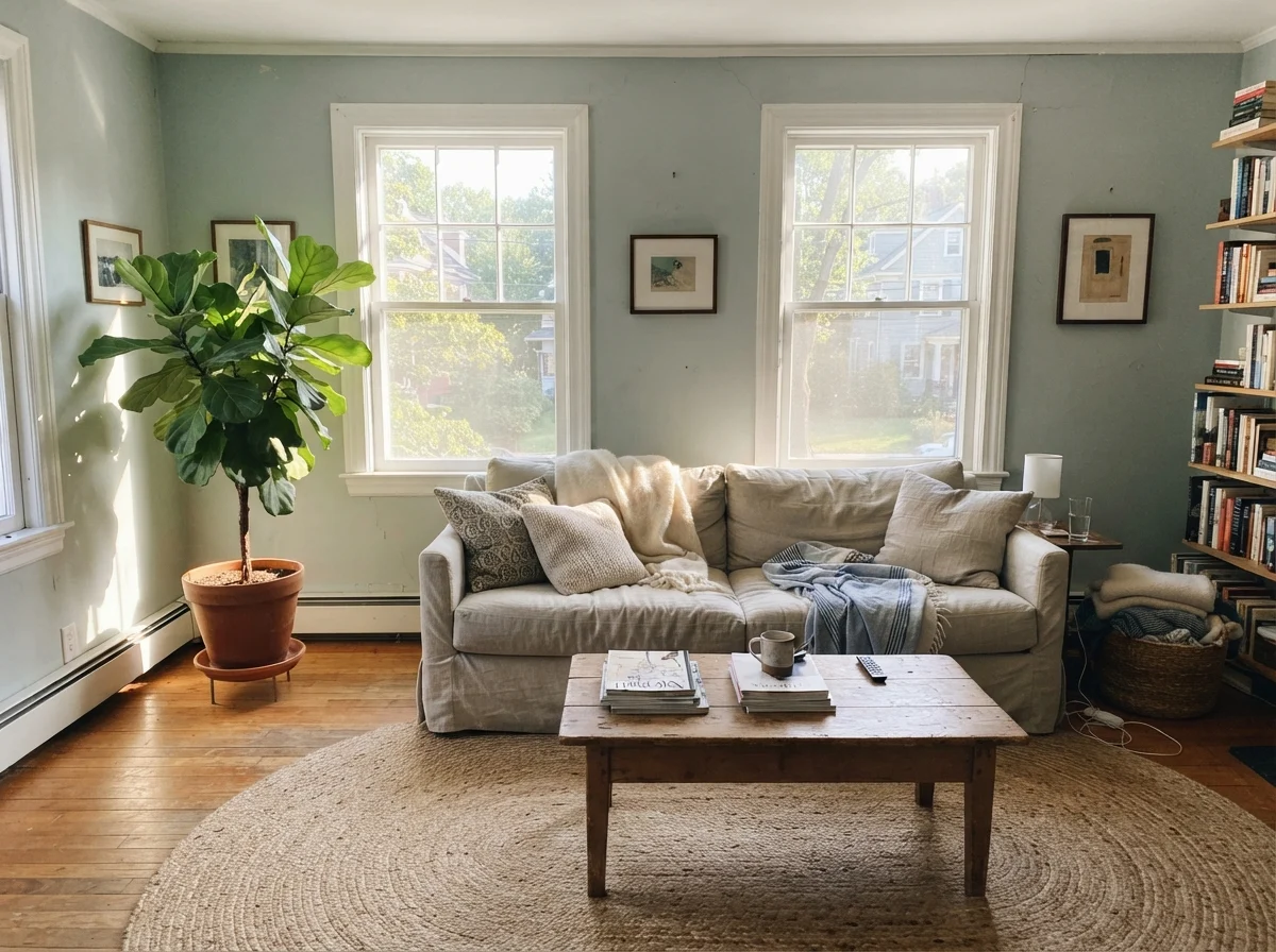 Living room filled with midday sun highlighting Woodlawn Blue walls, linen sofa, and jute rug.