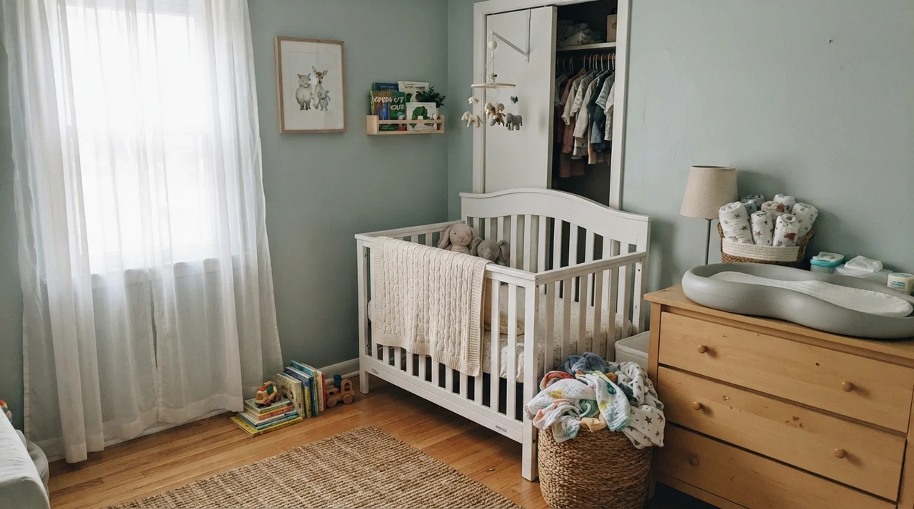 Gentle nursery showing Woodlawn Blue walls, white crib, and light wood dresser.