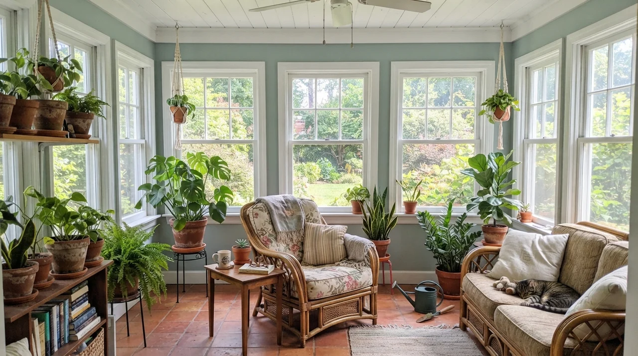 Sunroom with white window casings, rattan furniture, potted plants, and Woodlawn Blue wall sections.