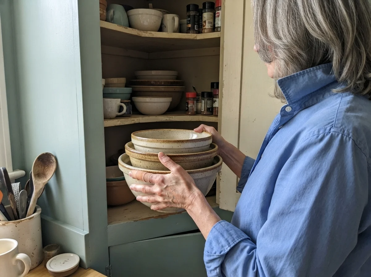 Susan Hartley putting away stoneware bowls in a cupboard surrounded by Woodlawn Blue walls.