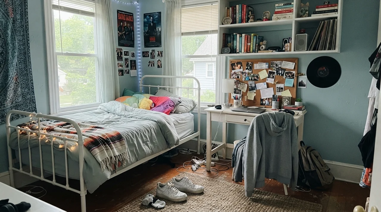 Teenager bedroom with white metal bed frame, small white desk, and Woodlawn Blue paint.