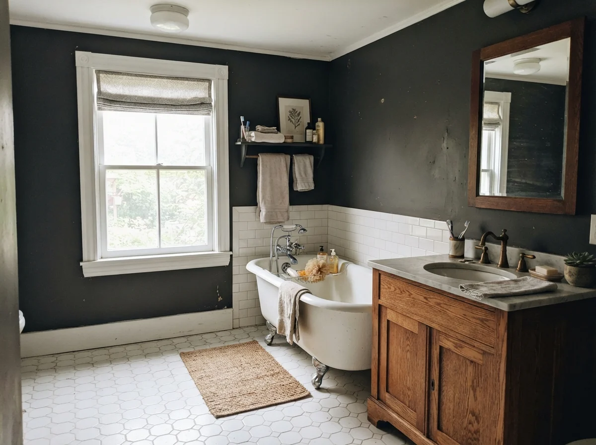 Cottage bathroom featuring a clawfoot tub, hex tile floor, and dark painted walls.