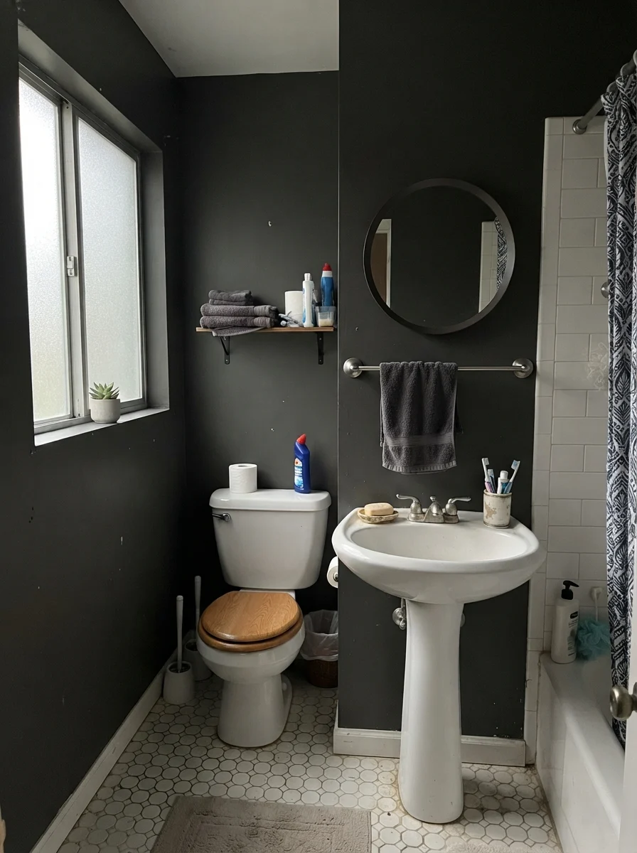Small bathroom with painted walls reading muted gray in flat daylight.